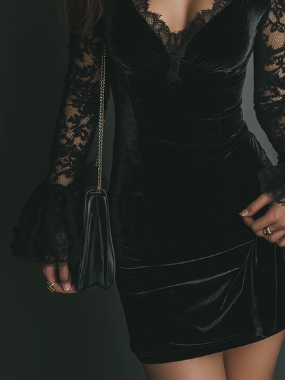 Lunalyn Black Velvet Lace V-Neck Dress Flare Sleeve