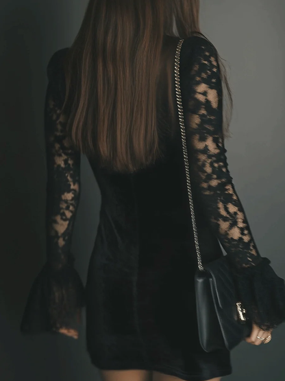 Lunalyn Black Velvet Lace V-Neck Dress Flare Sleeve