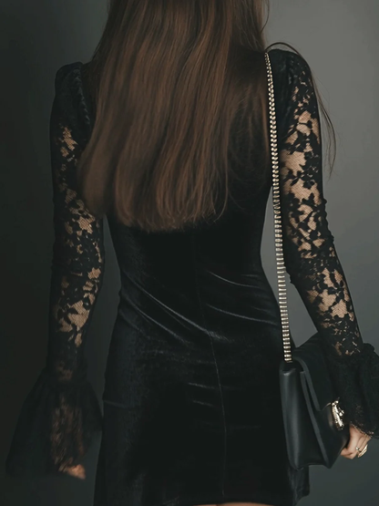 Lunalyn Black Velvet Lace V-Neck Dress Flare Sleeve