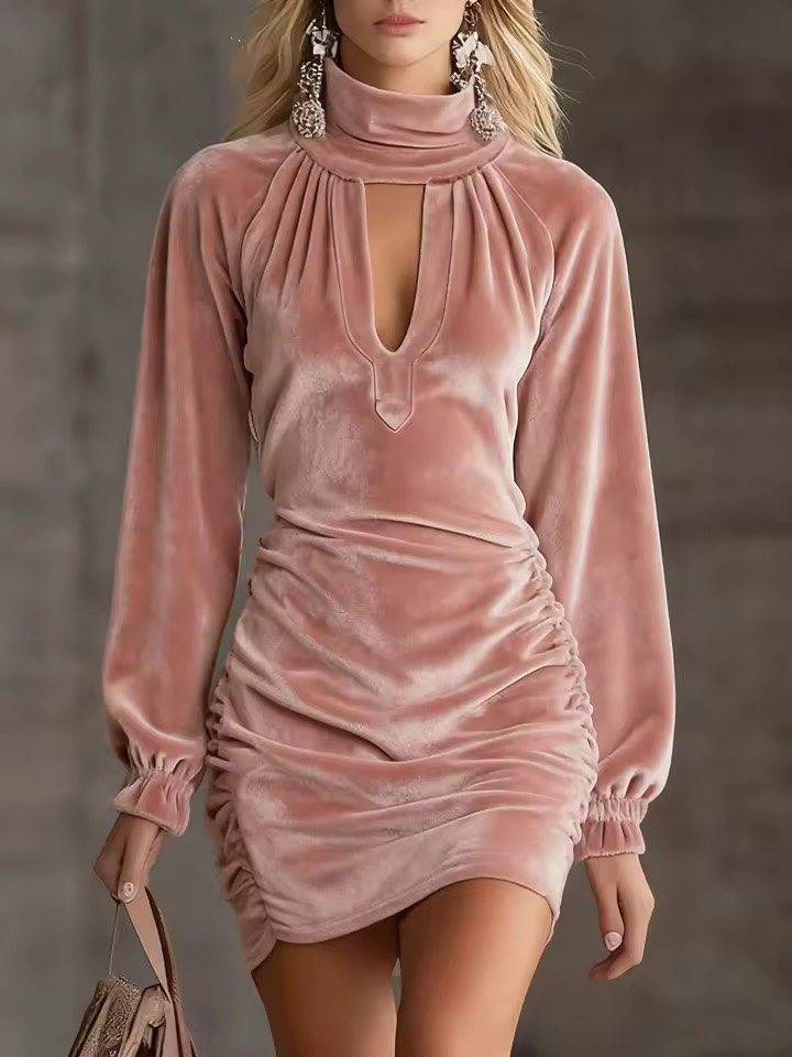 Lunalyn Velvet Bodycon Mini Dress High Neck Keyhole