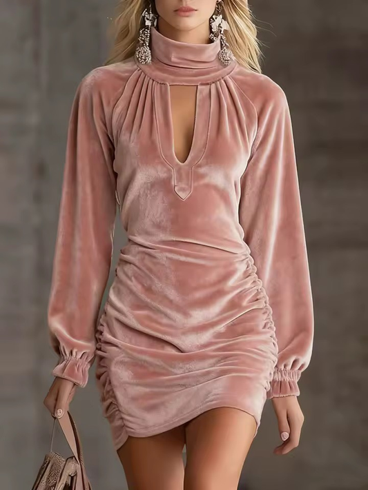 Lunalyn Velvet Bodycon Mini Dress High Neck Keyhole