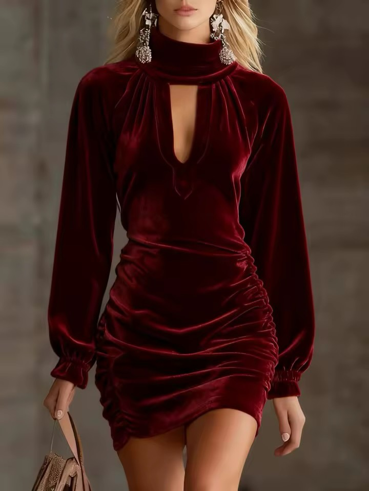Lunalyn Velvet Bodycon Mini Dress High Neck Keyhole