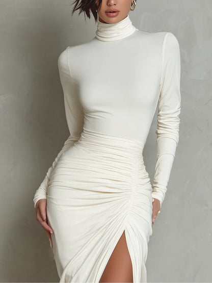 Lunalyn White Turtleneck Pleated Midi Dress - High-Slit Fit