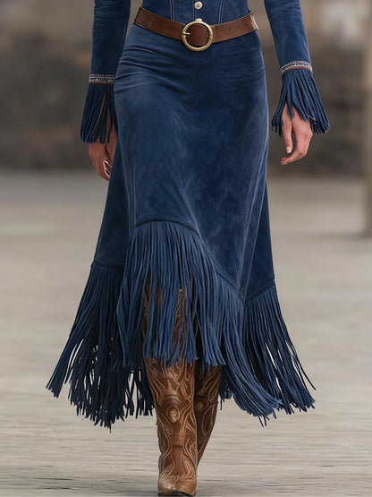 Lunalyn Retro Blue Suede Maxi Dress - Embroidery & Tassel Hem