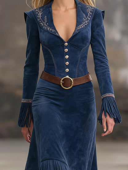 Lunalyn Retro Blue Suede Maxi Dress - Embroidery & Tassel Hem