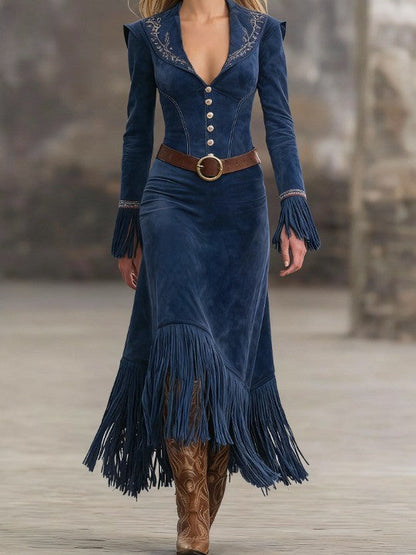 Lunalyn Retro Blue Suede Maxi Dress - Embroidery & Tassel Hem